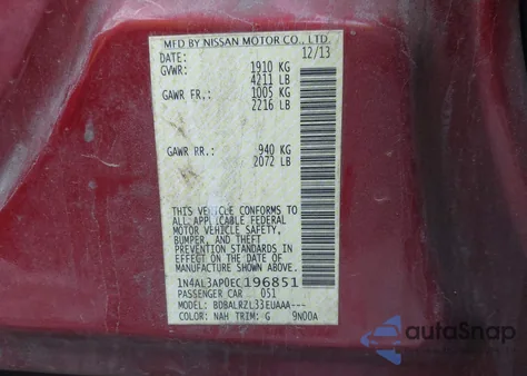 2014 Nissan Altima 2.5 S from USA, damaged, VIN 1N4AL3AP0EC196851